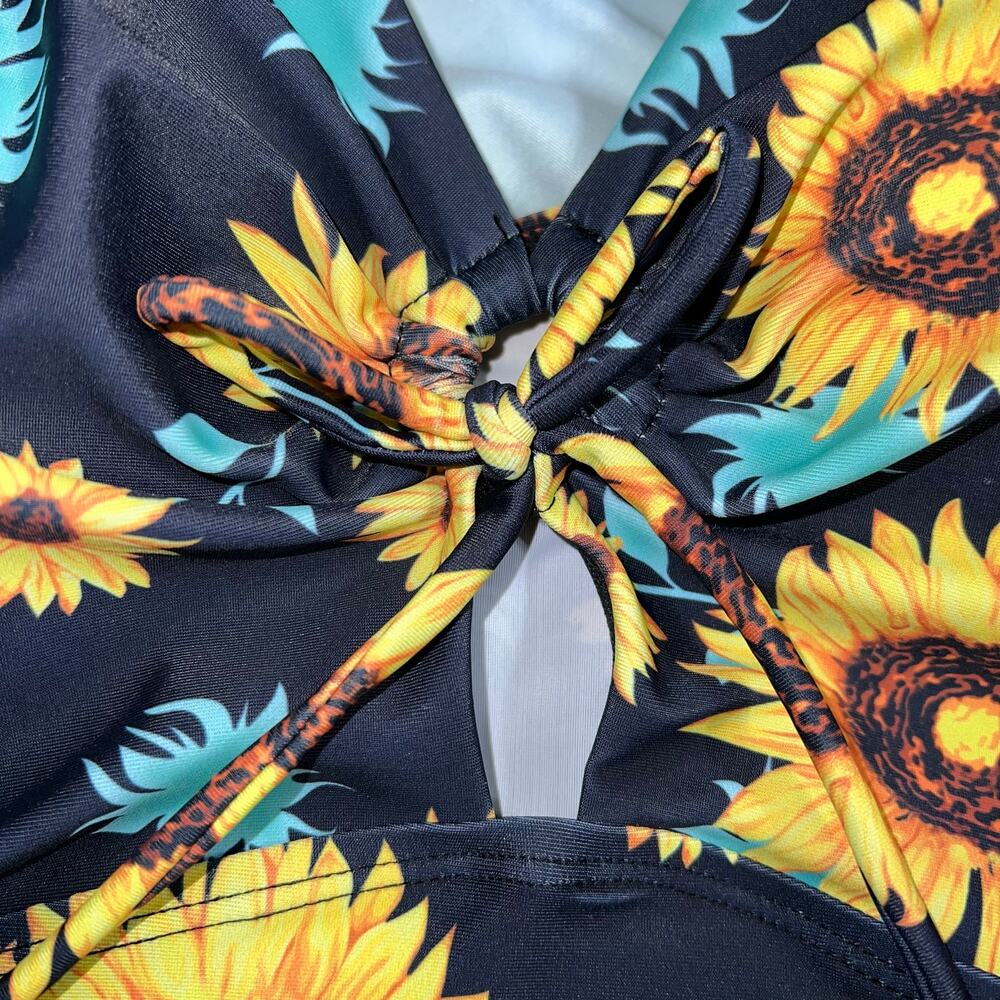 Hanna Nikole Womens Swimsuit Dress Sunflower Print Asymmetrical Hem Blue Yellow - Picture 3 of 16